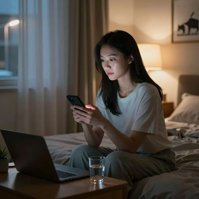 A woman sits on her bed at night holding her phone, reflecting on unseen data and privacy exposure.