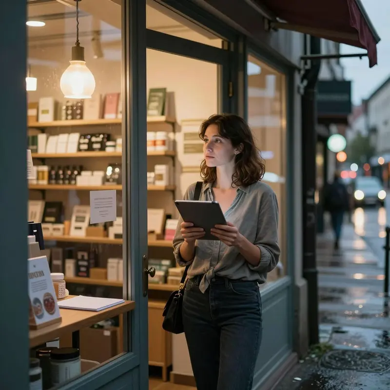 A shop owner stands at her doorway holding a tablet, framed by city lights at dusk.