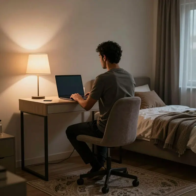 A cozy bedroom workspace where soft textures contrast with a renter’s focused posture at the desk.