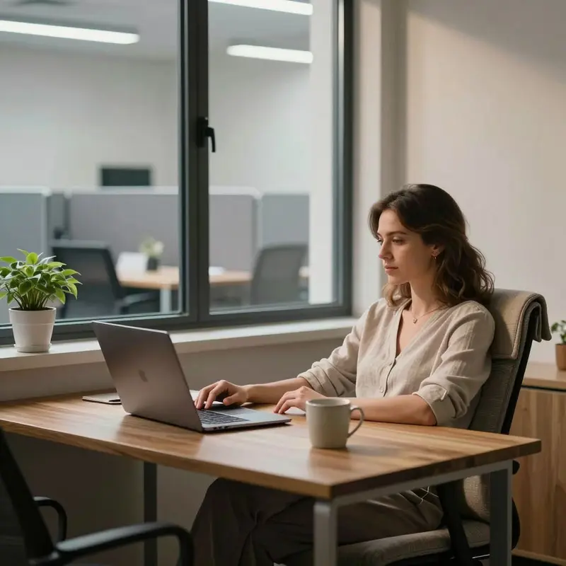 A renter’s warm home office nook contrasted against a gray corporate cube farm outside the window.