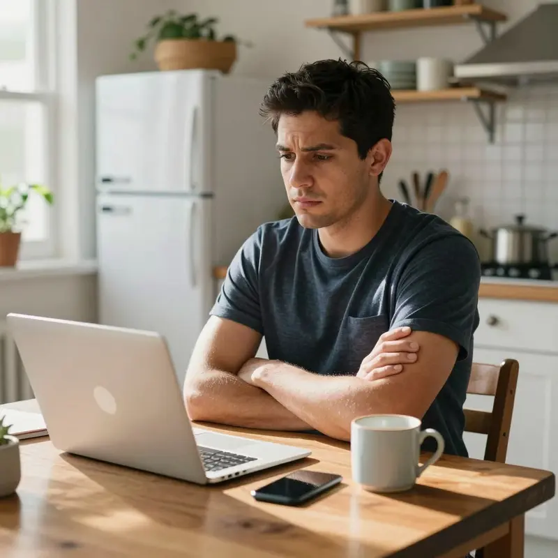 A confused man sits at his kitchen table, surrounded by idle devices symbolizing overlapping financial tools.