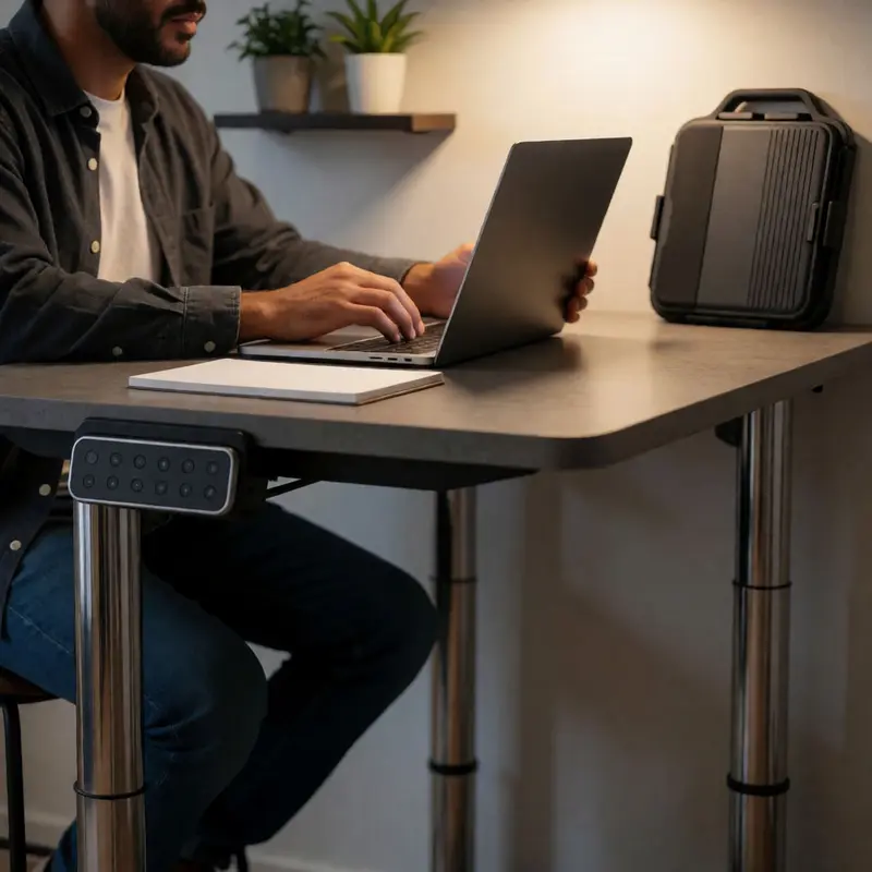 Remote worker quietly weighing a premium standing desk against a folded walking pad in a modest home office.