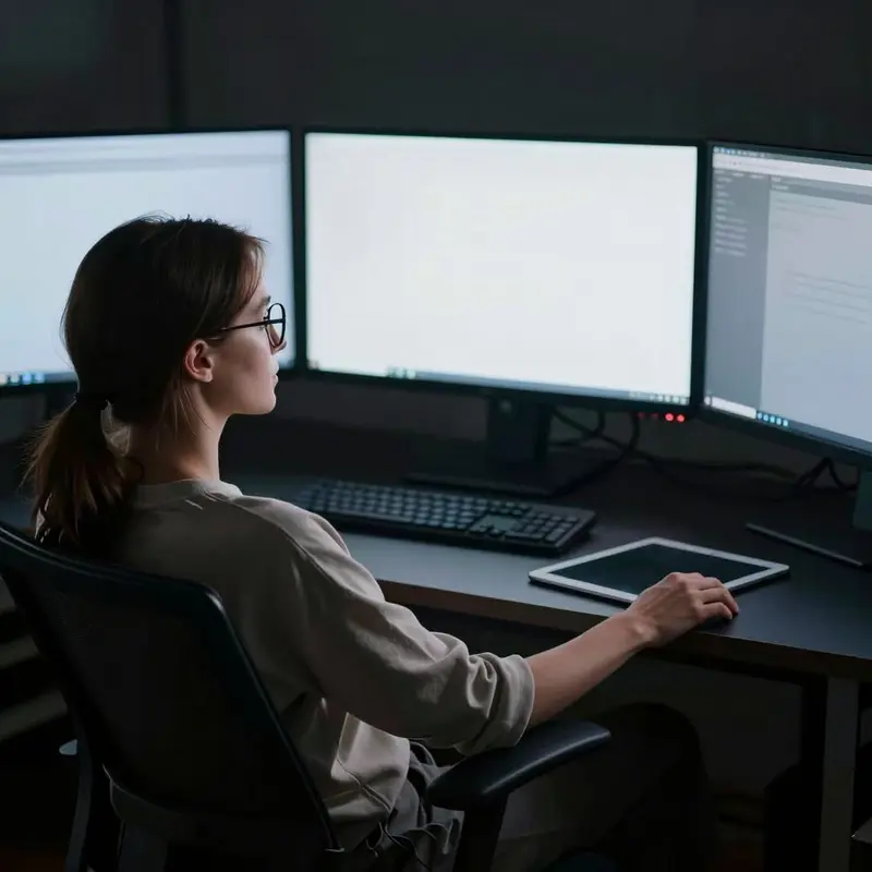 Engineer quietly watches blurred monitors, ready to trigger a rollback when signals cross the line.
