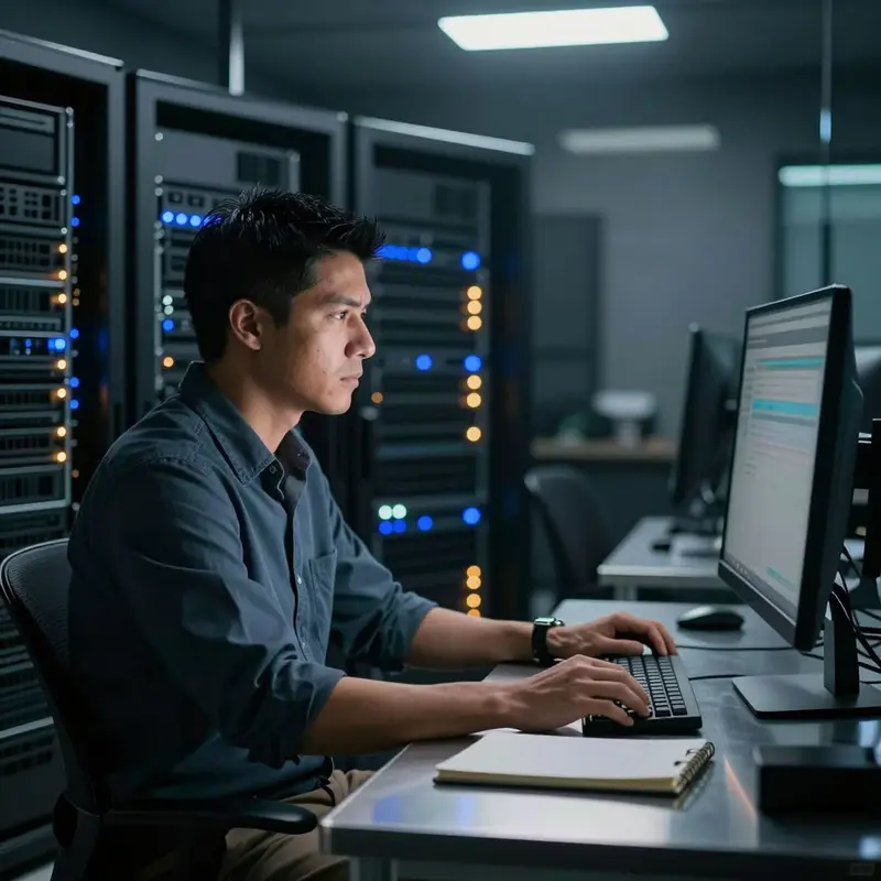 Engineer studies a quiet rack of servers, searching for the real cause of failed rollbacks.