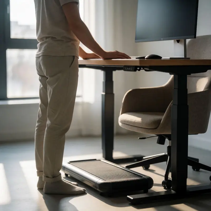 Remote worker standing at an adjustable desk with a walking pad nearby, emphasizing posture and movement options.