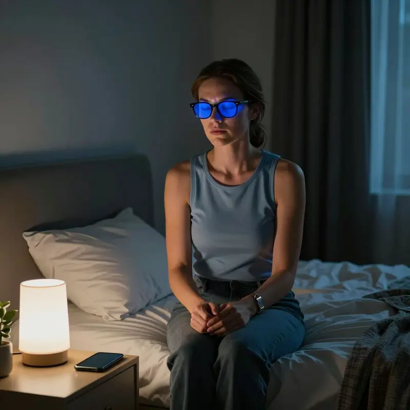 A woman sits on her bed at night, calmly holding blue light glasses as she evaluates their real impact on her sleep.