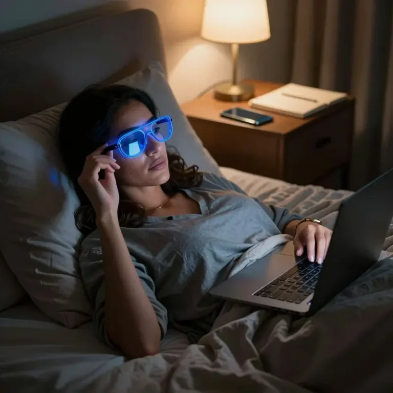 Middle Eastern woman resting in bed at night with Felix Gray blue light glasses on a closed laptop, illustrating a blue light glasses review focused on sleep and eye strain.
