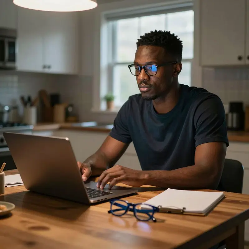 A man sits at his kitchen table with blue light glasses in front of him, quietly reconsidering online reviews.