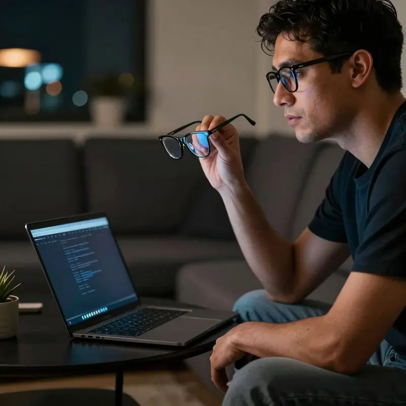 A man studies his blue light glasses at night, weighing their premium price against his expectations.