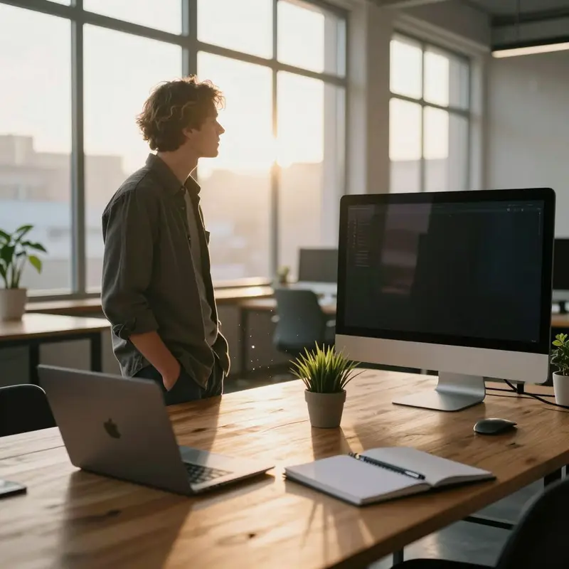 A solo worker in a sunlit loft gazes toward a dark screen, suggesting optimism about future calendar tools.