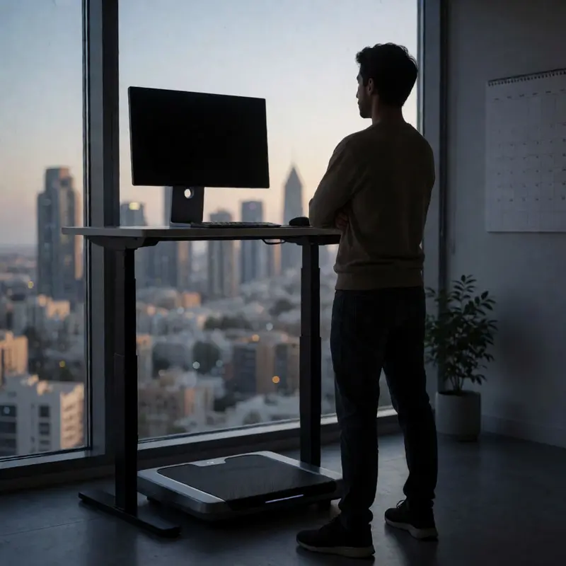Remote worker standing between a walking pad and standing desk, looking out over the city and thinking long term.