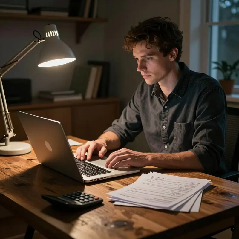 Creator in a home office quietly reviewing the financial impact of platform fees.