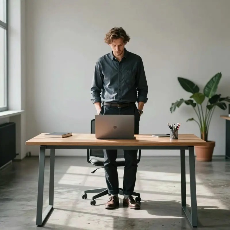 Founder standing beside a desk, weighing whether current fees make the business model unsustainable.