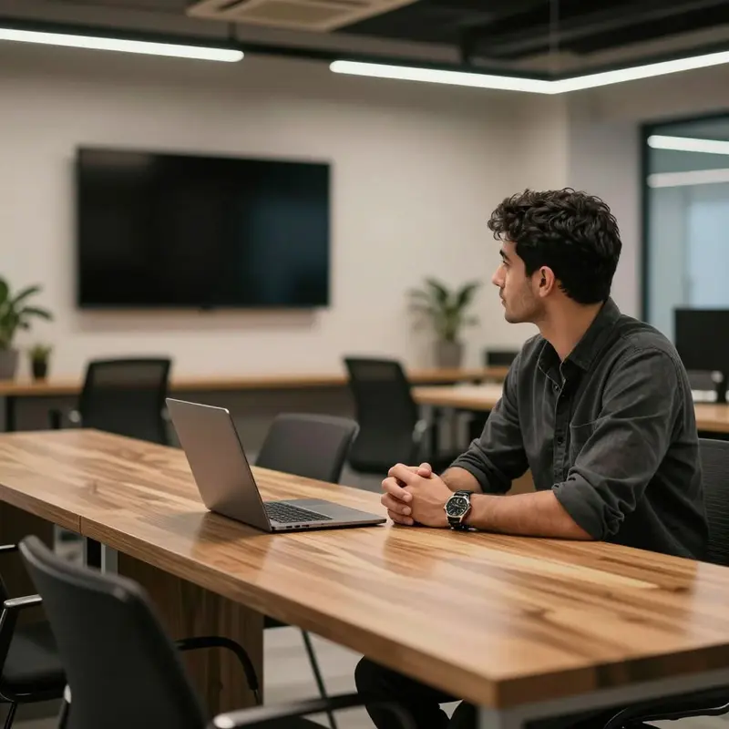 Developer in a co-working space contemplating integration limits with a closed laptop.
