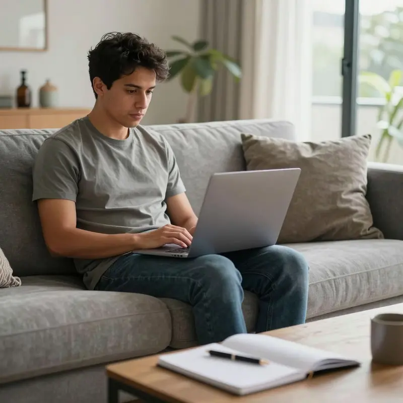 Freelancer relaxing on a sofa while reviewing a seemingly simple selling setup.