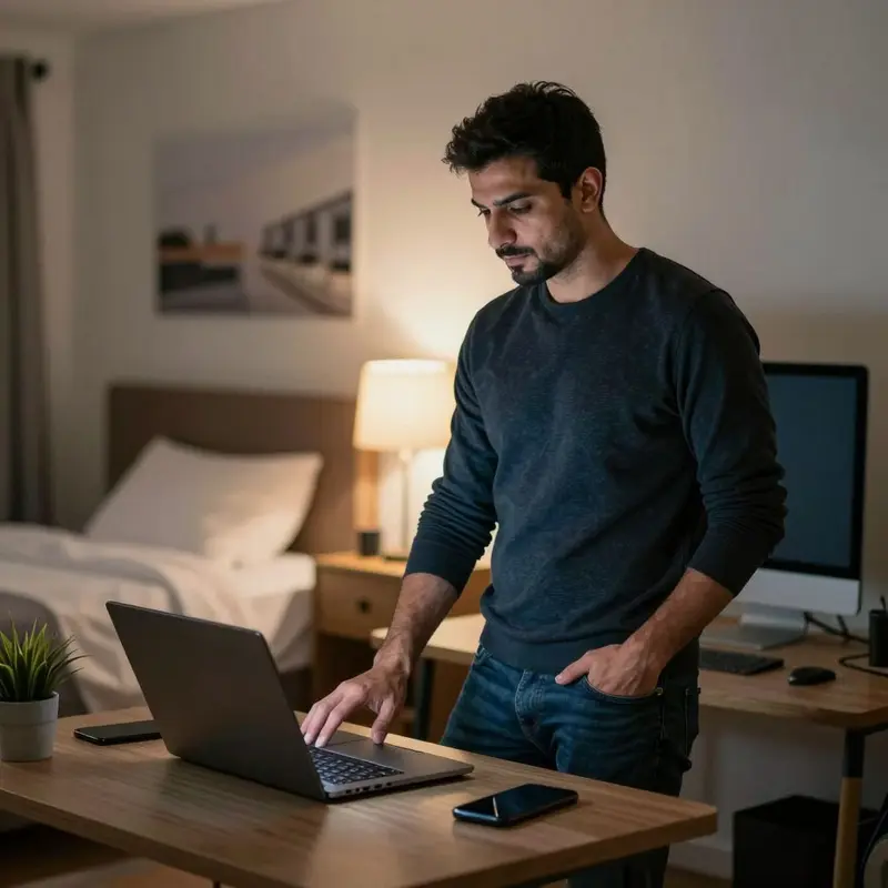 A renter stands by his desk after powering down devices, ready to leave the home office for the night.