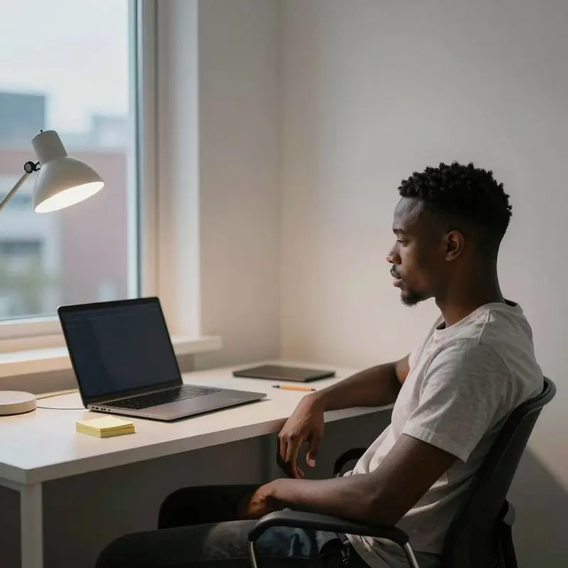 A remote worker pauses at a compact desk, reflecting on loose ends at the end of the workday.