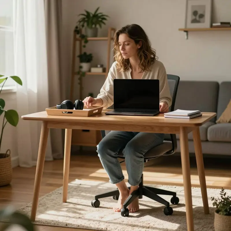 A renter assembles a small shutdown kit on a compact home office desk at the end of the day.