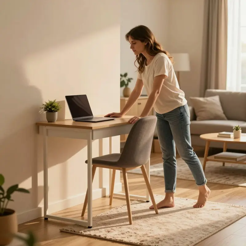 A renter pushes a small desk back against the wall to physically reset her living room after work.
