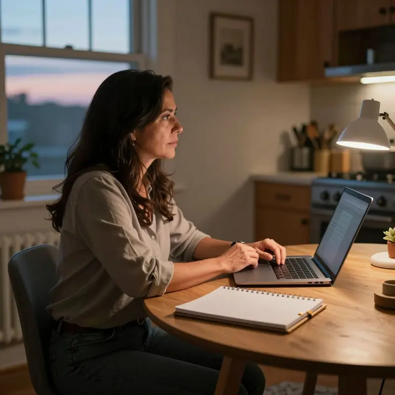 A renter sits at a dining table workspace, quietly planning the next day after shutting her laptop.
