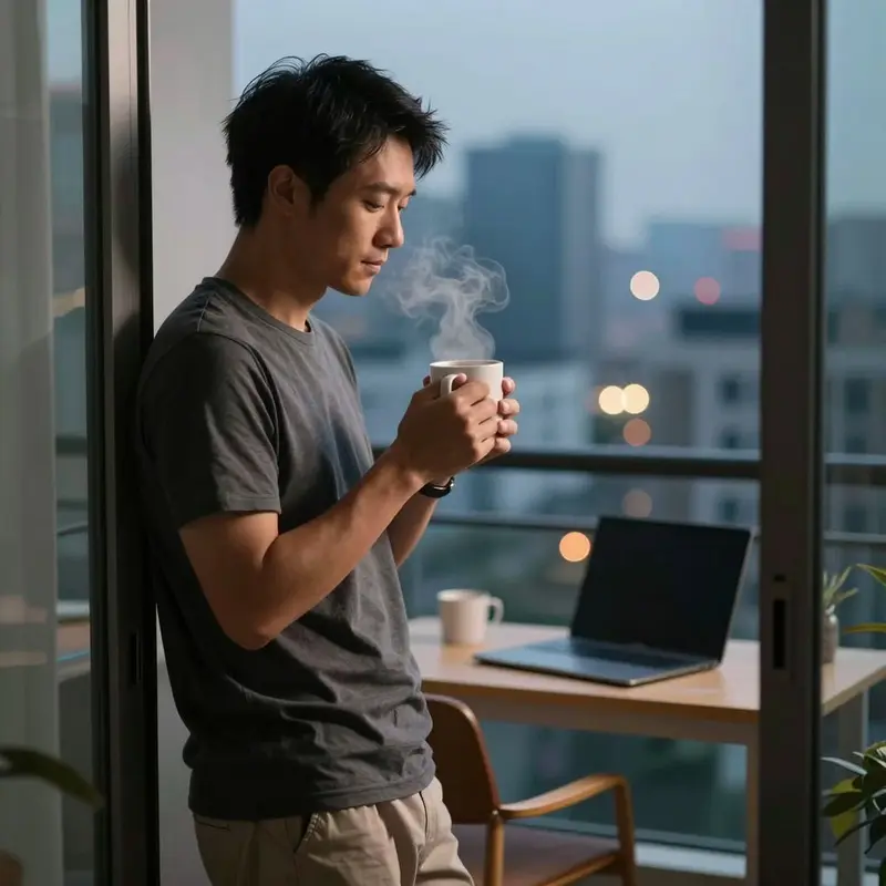 A remote worker holds a mug by the window, marking the final signal that the workday is over.