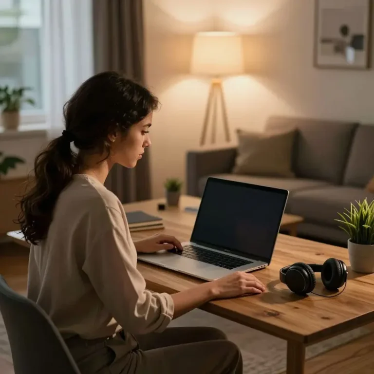 Hispanic woman renter at a compact living room home office gently closing her laptop as part of a daily home office shutdown ritual.