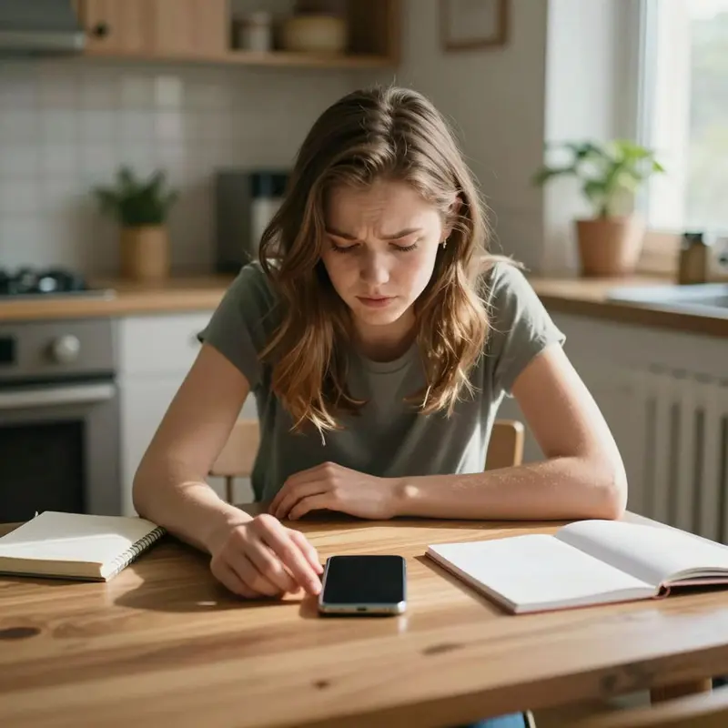A woman stares at her phone at the kitchen table, overwhelmed by what she sees on the screen.