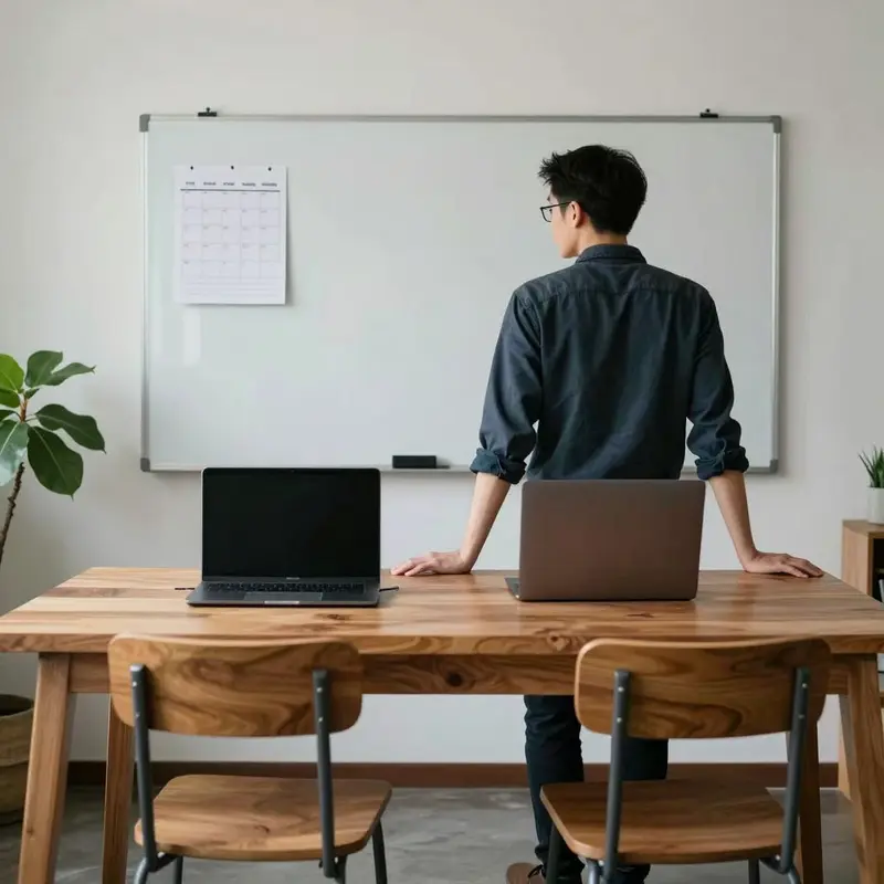 A solo operator stands behind a chair, looking at two closed laptops that symbolize different integration paths.