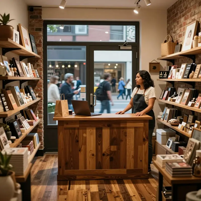 A small boutique owner watches the street, framed by shelves of handcrafted products.