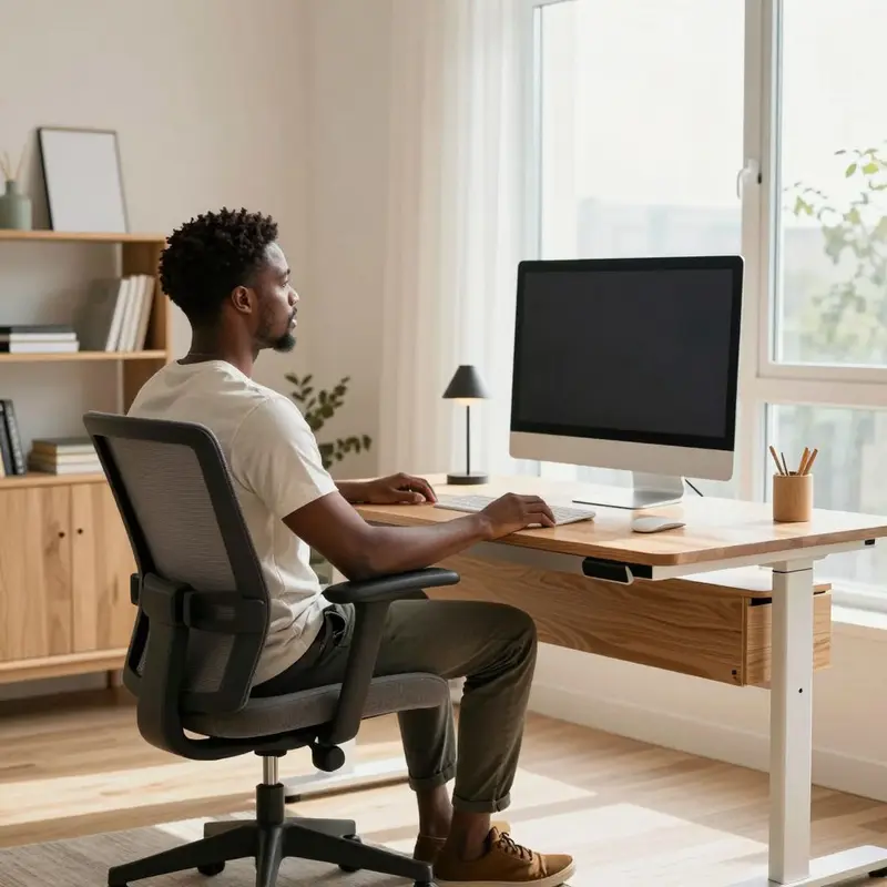A renter’s living room with upgraded hybrid-ready home office furniture in a bright corner.