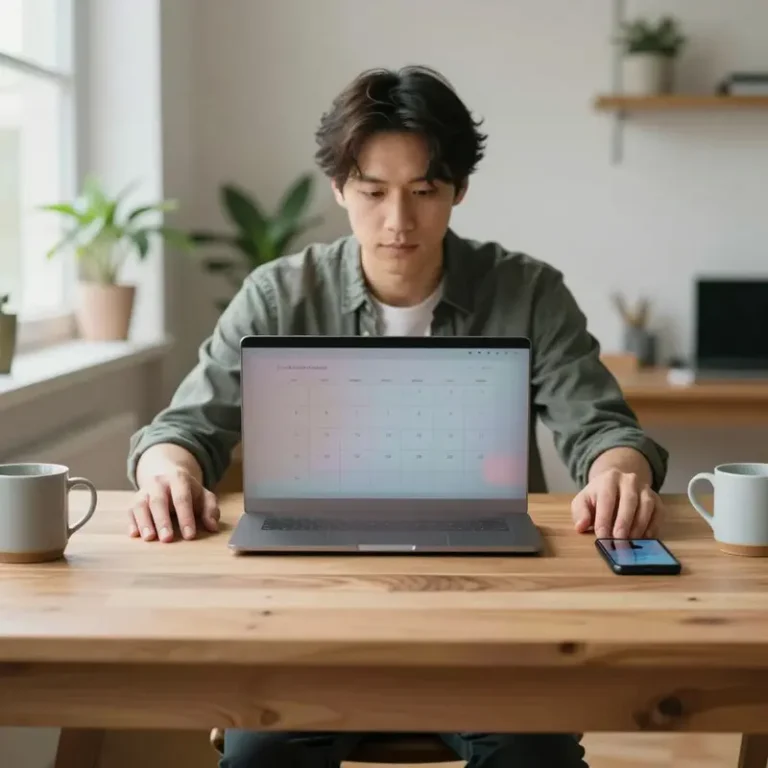 A remote solo operator at a bright desk with hands resting near a laptop and phone after comparing Notion calendar vs Google Calendar.