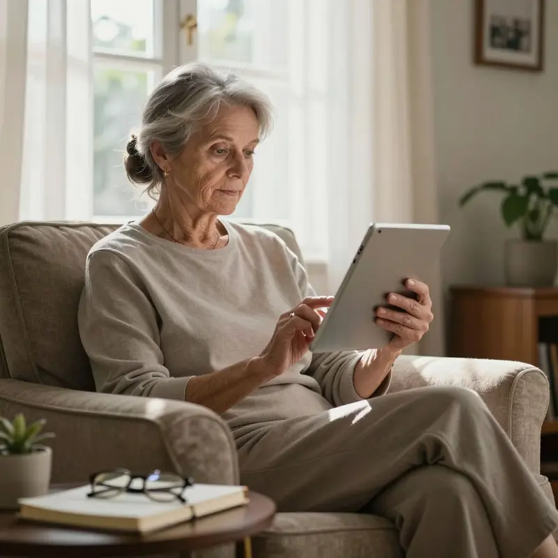 An older woman studies a tablet by the window, straining to adapt to a rigid interface.