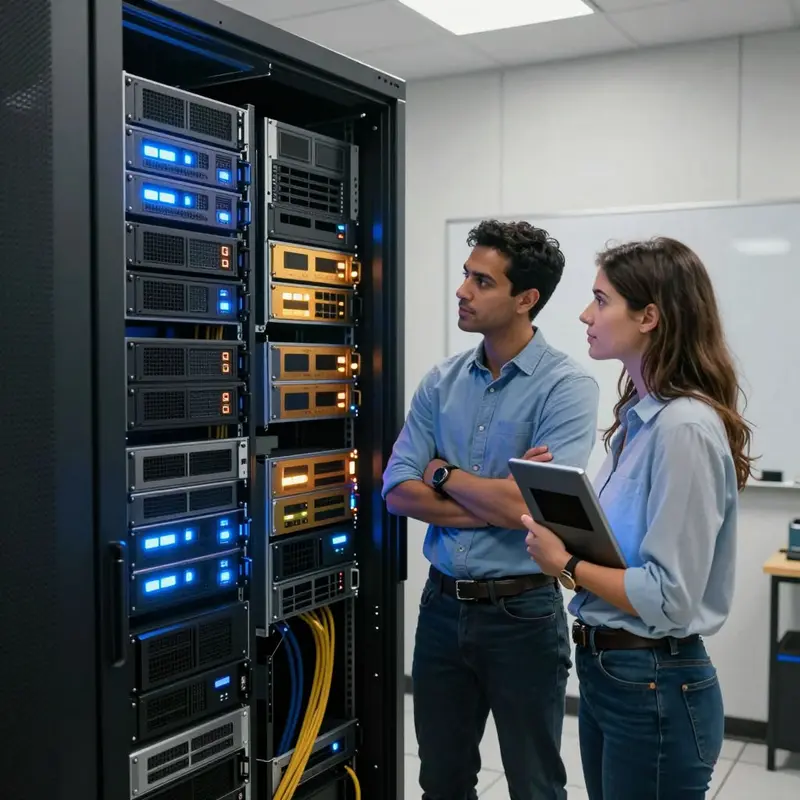 Two engineers stand by dual server racks representing redundant, failover-ready LLM infrastructure.