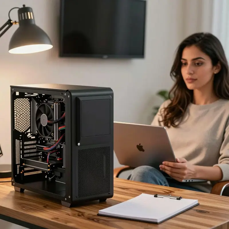 A compact GPU workstation open on a desk as its owner studies the hardware for careful optimization.