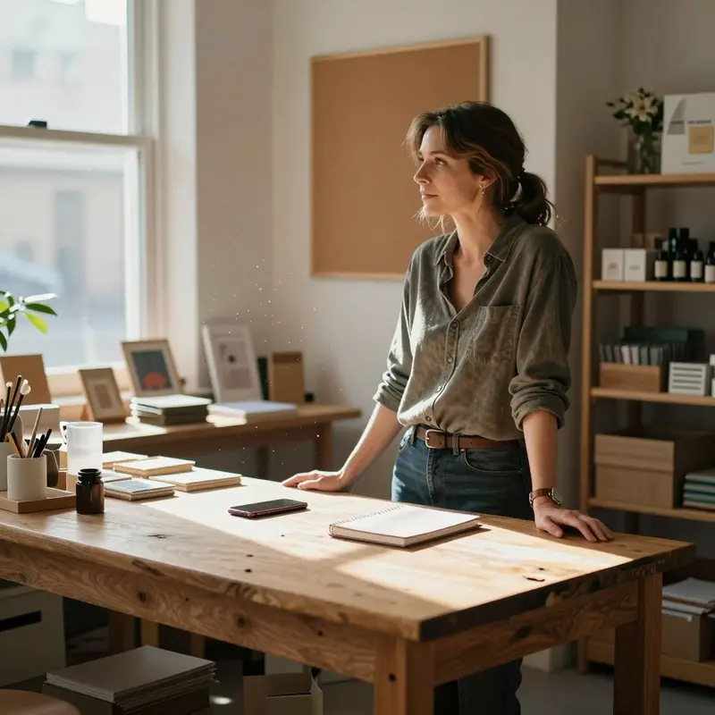 A maker stands in her workshop-style shop, sunlight cutting across a clean wall and bench.