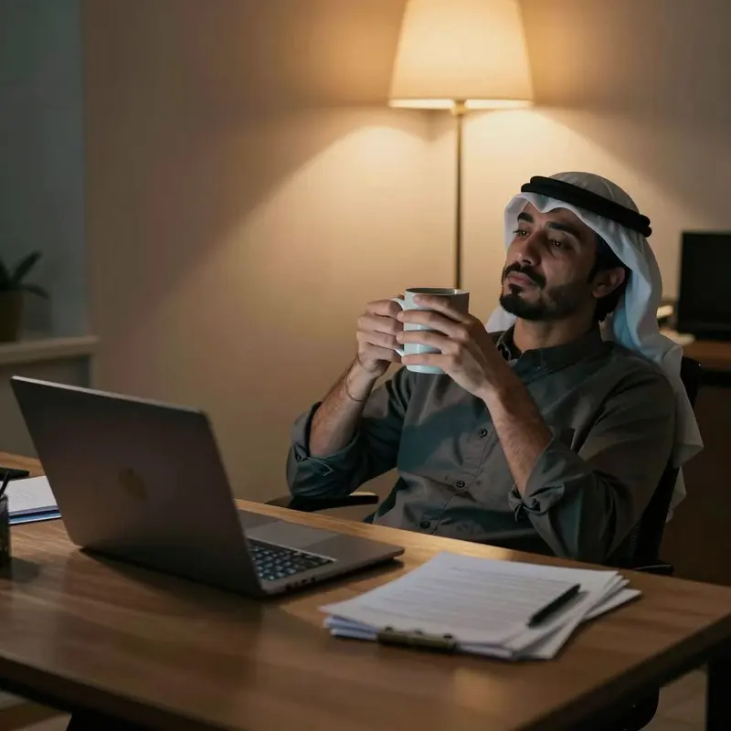 A tired solo operator at a dim desk embodies the weight of schedule fatigue and scattered context.