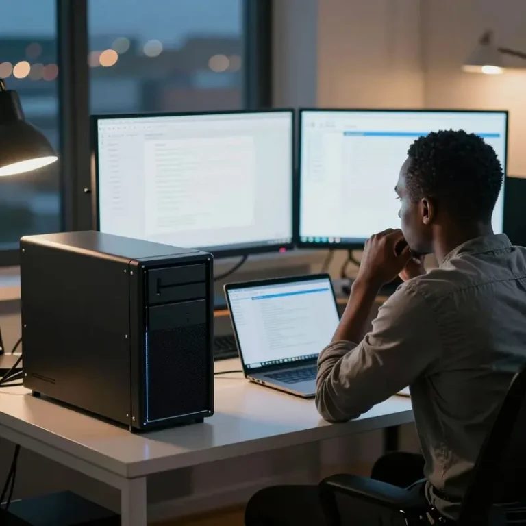Black engineer in a small office seated at a desk with server and laptop, planning a self-hosted app update rollback setup.