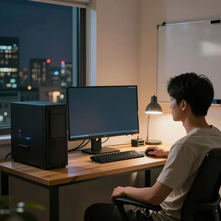 Person sitting at a desk with a glowing PC and dark monitor in a home lab focused on reliable self hosted LLM uptime.