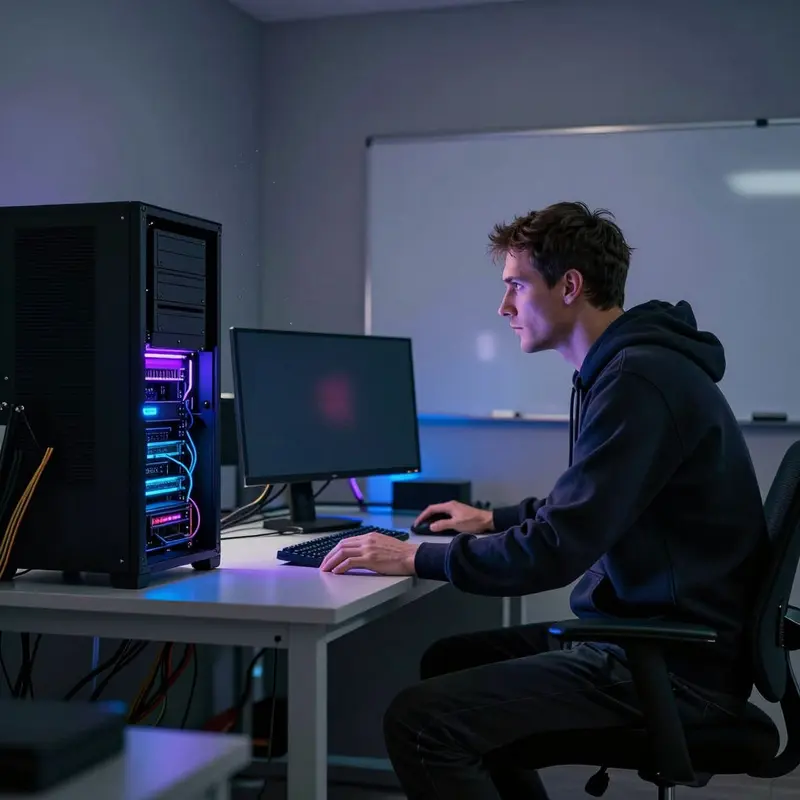 A home lab user monitoring a glowing server rack while stress-testing their self-hosted LLM setup.