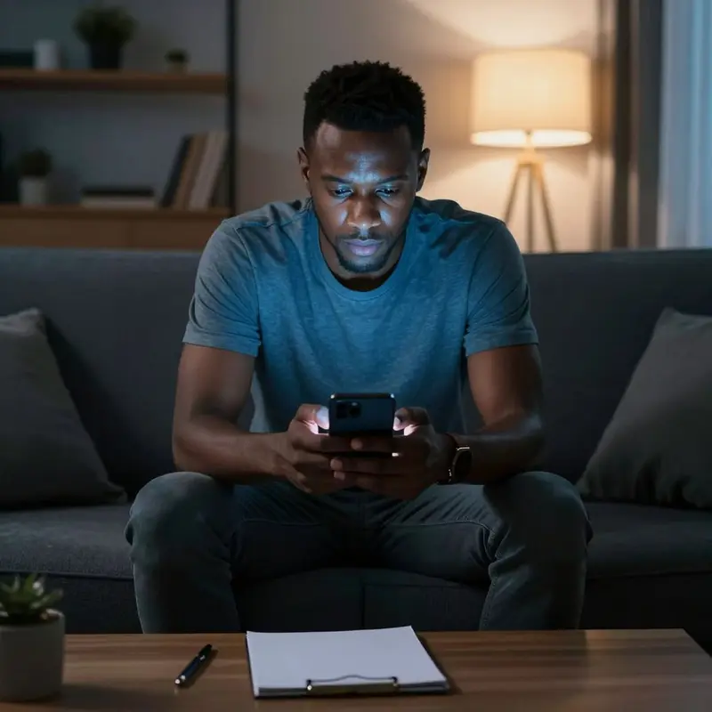 A tired man holds his phone on his lap, hesitating as he faces too many options.
