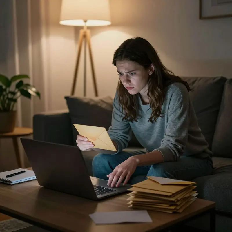 A worried woman reviews mail in a dim apartment, hinting at unnoticed software trial charges.