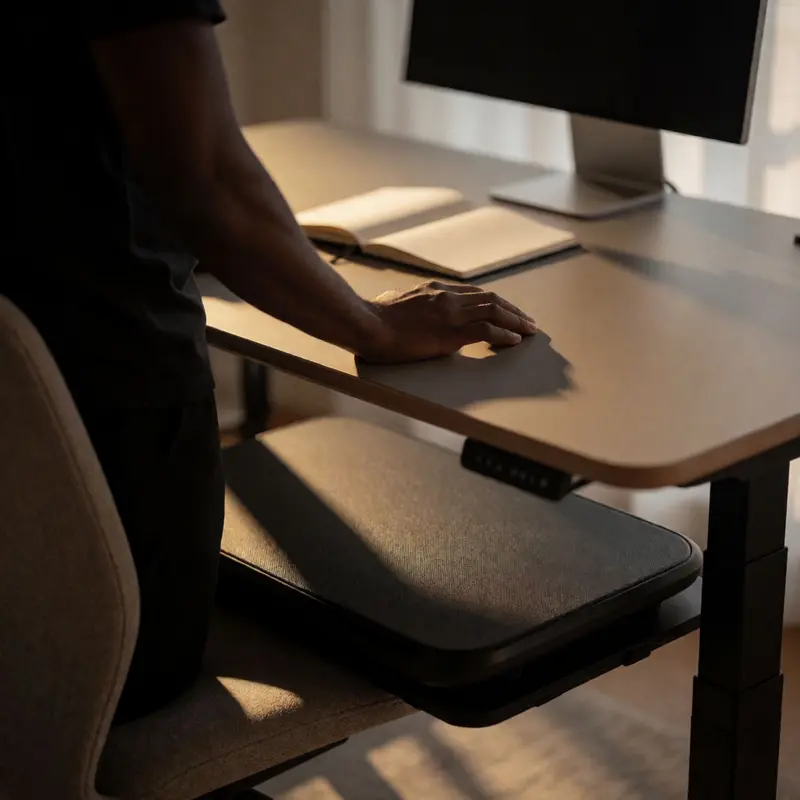 Remote professional standing on a walking pad at a standing desk, exploring how motion changes daily work.