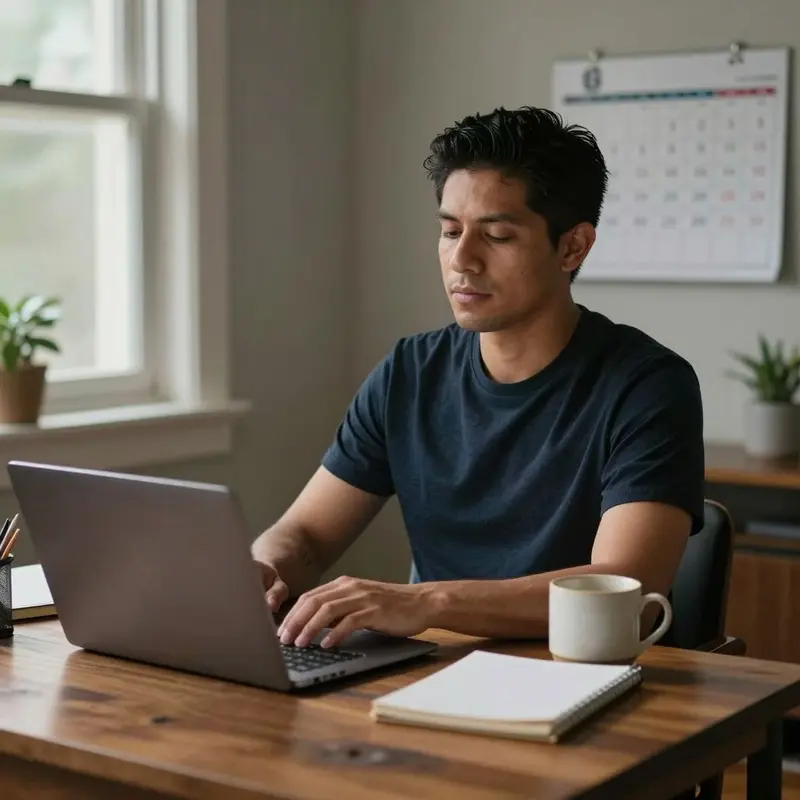 A relaxed solo worker at a tidy desk reflects the calm of having an obvious, organized week ahead.