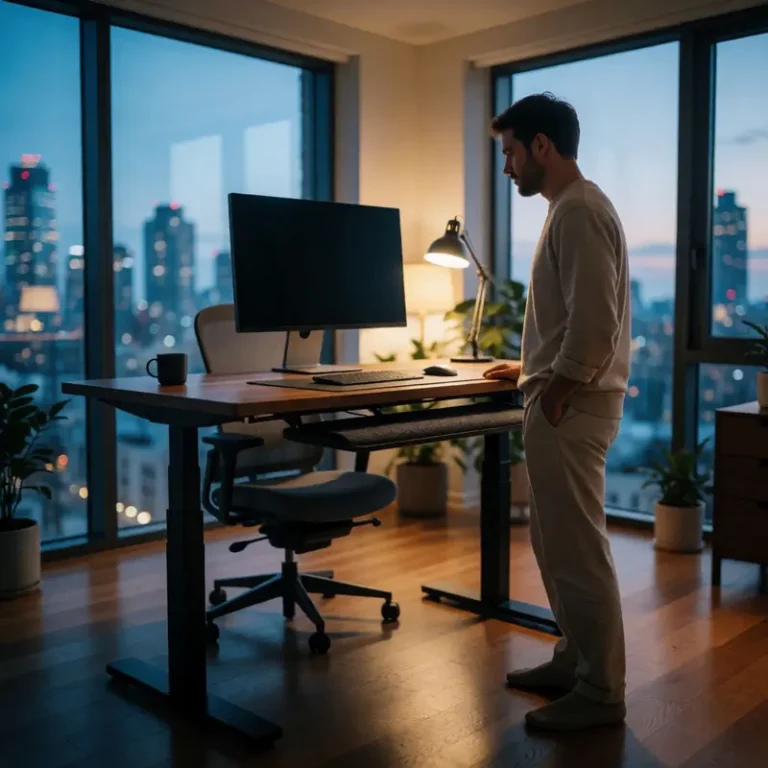 Home office with a standing desk and walking pad arranged together for a remote worker’s ergonomic workspace.