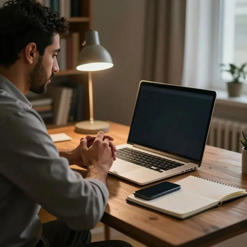 A man waits at his desk in front of a dark laptop screen, unsure if anything is happening.