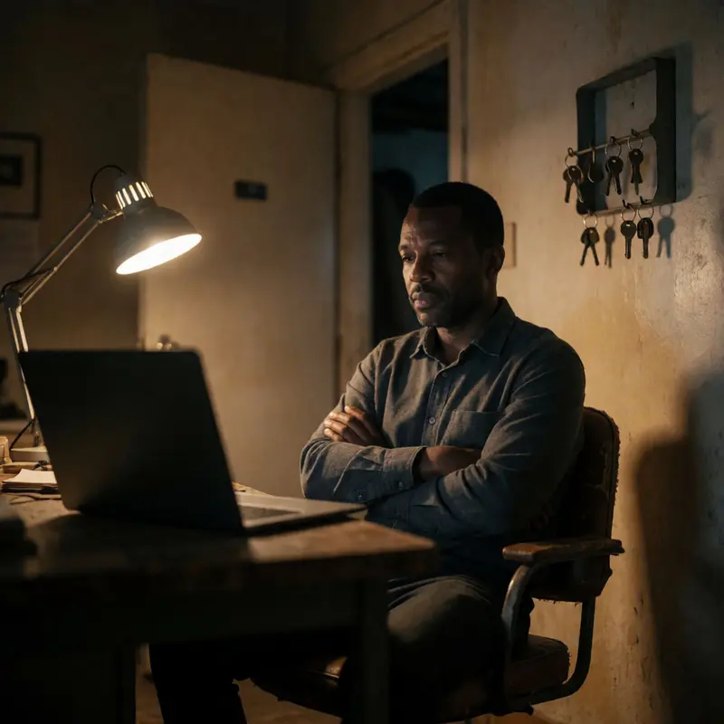 A guarded merchant watches a locked-down workspace amid suspected account access threats.