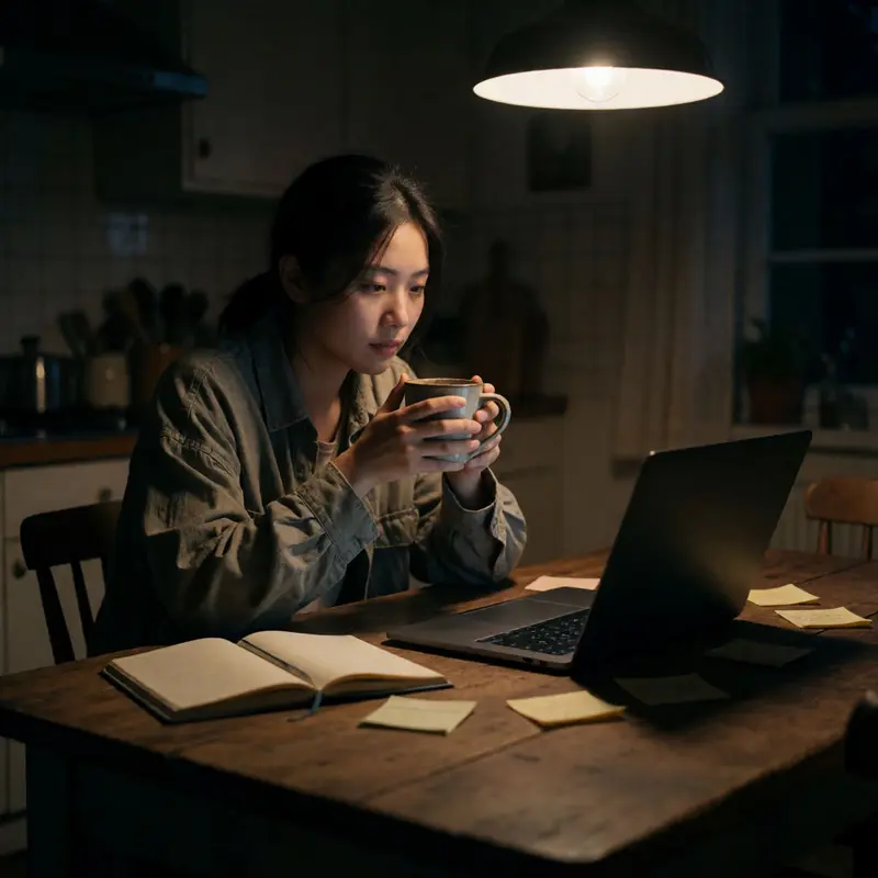 Late-night work under warm lamplight suggests mounting pressure from accelerated pace.