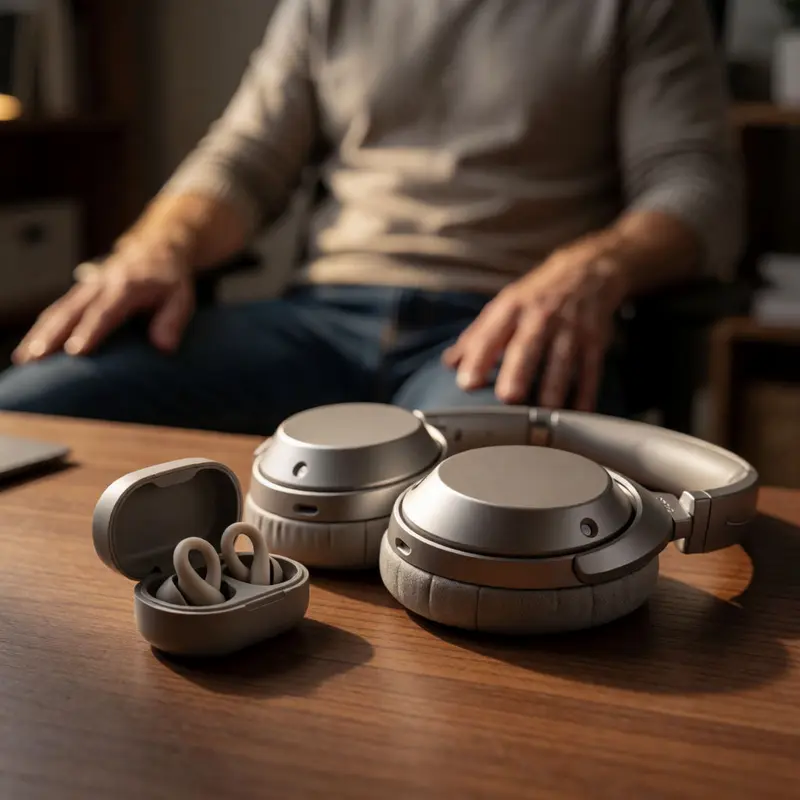 Earplugs and over-ear ANC headphones sit side by side on a home-office desk.