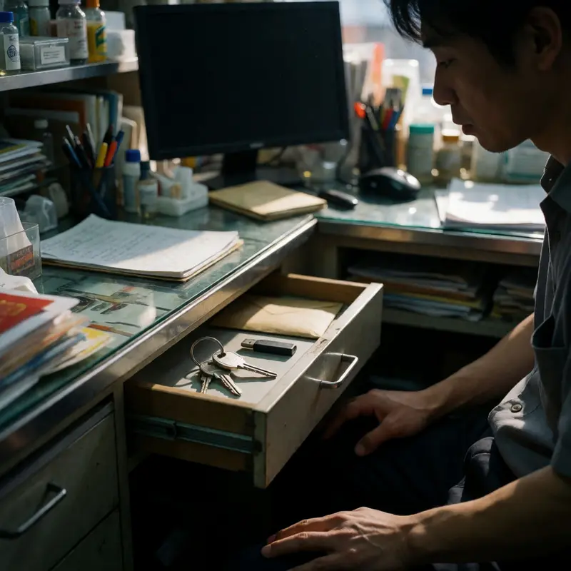 A vulnerable desk setup with unsecured items implying exposed credentials.