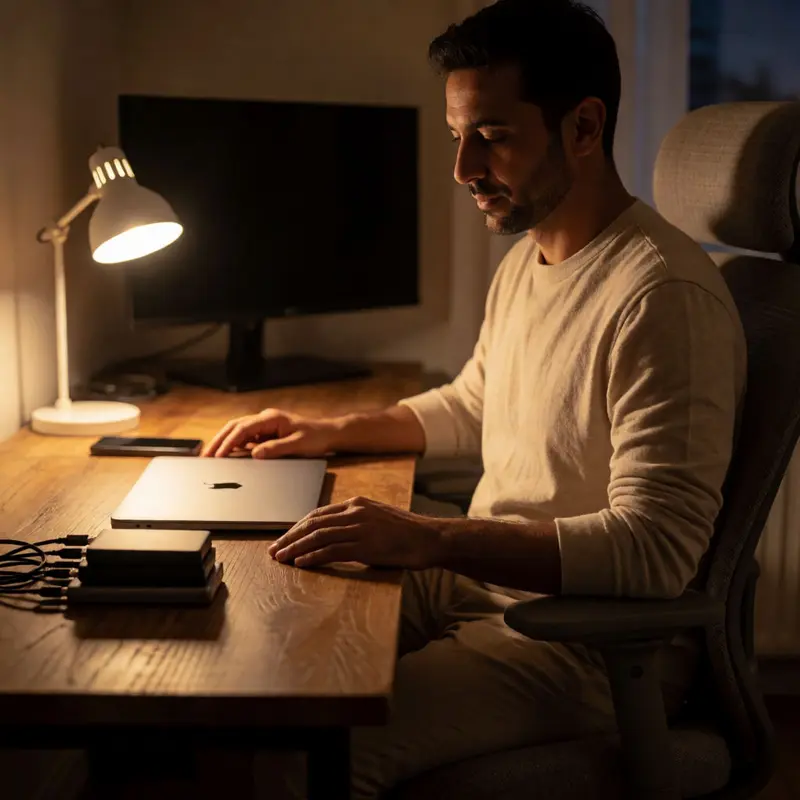 A renter's small home-office desk set up for an end-of-day device and session check.